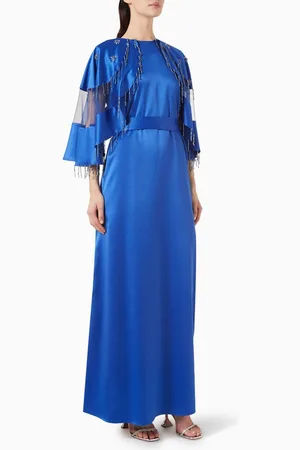 Amri Beaded Fringe Cape-sleeve Maxi Dress in Satin