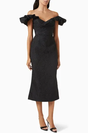 Marchesa Notte Off-shoulder Midi Dress in Cloque