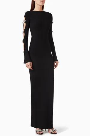 Mach & Mach Cut-out Crystal Bow Maxi Dress in Stretch Knit