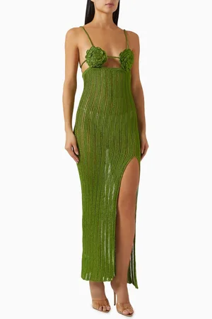 Casablanca Crochet Rose Maxi Dress in Metallic Viscose