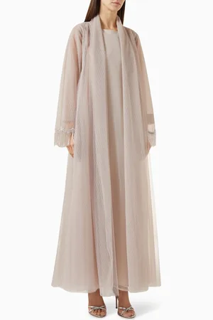 Homa Q Embellished Fringe 3-piece Abaya Set in Organza & Tulle