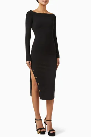 Elisabetta Franchi Off-shoulder Slit Midi Dress in Viscose Blend