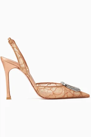 Amina Muaddi Camelia 90 Crystal Slingback Pumps in Lace & Leather