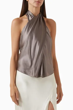 The Sei Cross Wrap Halter Top in Silk-satin