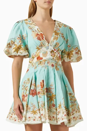 Hemant & Nandita Floral-print Mini Dress in Linen Blend