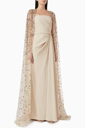 GEMY MAALOUF Beaded Cape Strapless Maxi Dress