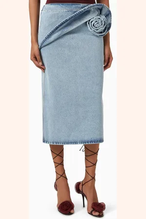 MAGDA BUTRYM Floral Appliqué Midi Skirt in Denim