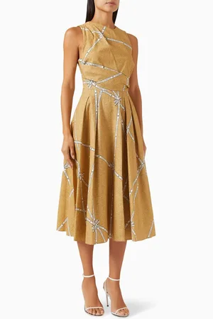 Elisabetta Franchi Raffia & Ribbon-print Midi Dress in Cotton