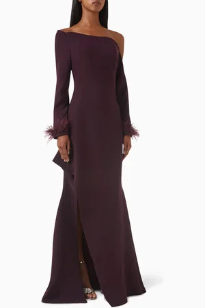 Tuvanam Off-shoulder Feather-cuffs Gown in Crepe