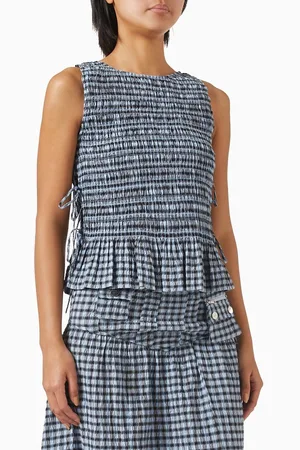 Ganni Smocked Check Top in Seersucker