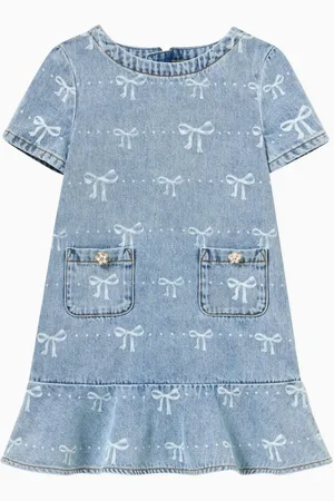 Self-Portrait Bow-print Flared Dress in Cotton-denim