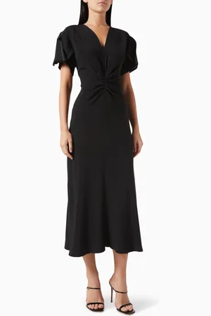 Victoria Beckham Gathered V-Neck Midi Dress in Viscose Blend