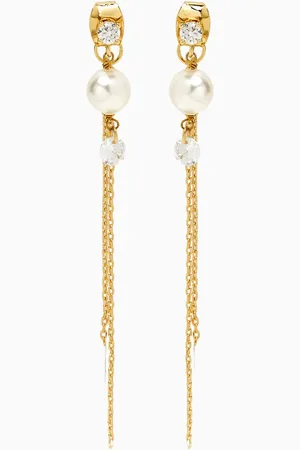 TAI Jewelry Pearl & Crystal Linear Chain Earrings in Gold-plated Brass