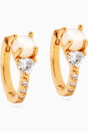 TAI Jewelry Crystal and Pearl Huggie Earrings in Gold-plated Brass
