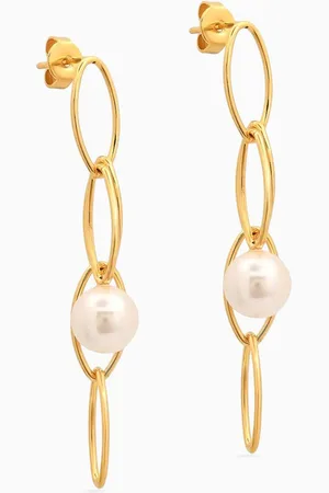 TAI Jewelry Linear Pearl Drop Earrings in Gold-plated Brass