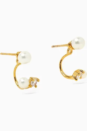 TAI Jewelry Pearl CZ Ear Jacket Earrings in Gold-plated Brass