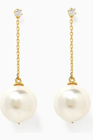 TAI Jewelry Linear Pearl & CZ Earrings in Gold-plated Brass