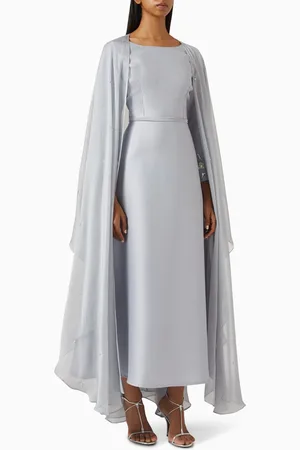 BYK Crystal Embellished Cape Dress in Chiffon & Brocade