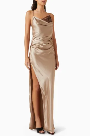 The Sei Lace-trim Slit Gown in Silk Satin