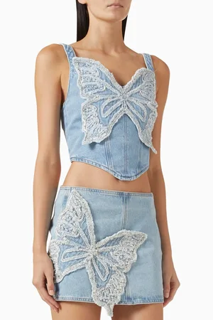 PATBO X Camila Coelho Embellished Butterfly Top in Denim