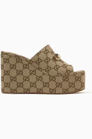 Gucci Carmen Horsebit Platform Wedge Sandals in GG Canvas