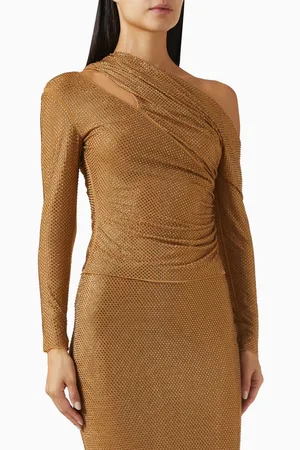 Self-Portrait Rhinestone Gathered Top in Mesh
