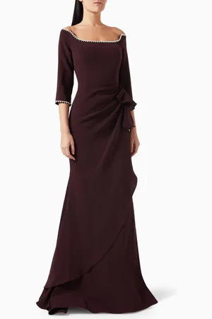 JOVANI Off-shoulder Embellished Maxi Dress in Crepe
