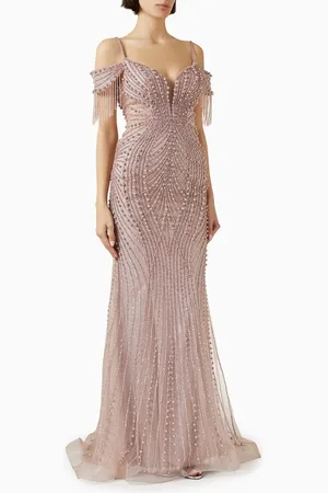 BASIX Off-shoulder Fringe Gown in Tulle