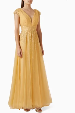 Mac Duggal Embellished Cap Sleeve V-neck Gown in Tulle