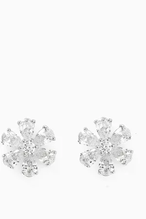 Kenneth Jay Lane CZ Flower Stud Earrings in Rhodium-plated Brass