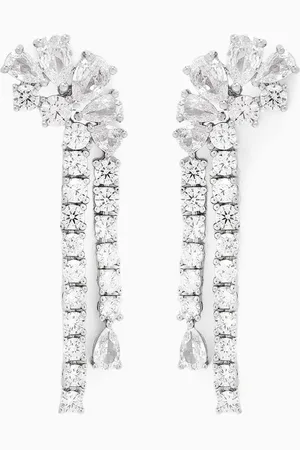 Kenneth Jay Lane CZ Mod Deco Pear Earrings in Rhodium-plated Brass