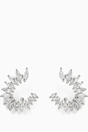 Kenneth Jay Lane CZ Marquis Curved Earrings in Rhodium-plated Brass