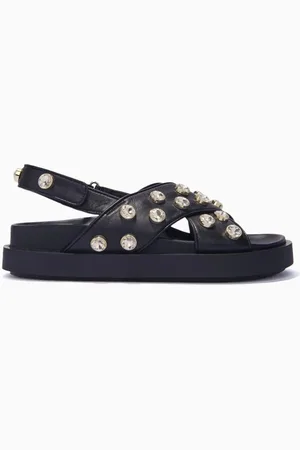 Maje Rhinestone Crisscross Strap Sandals in Leather