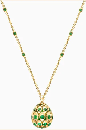 Faberge Cosmic Curve Emerald & Tsavorite Egg Necklace in 18kt Yellow Gold