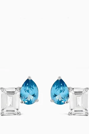 Kenneth Jay Lane CZ Pear & Emerald Stud Earrings in Rhodium-plated Brass