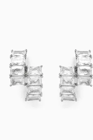 Kenneth Jay Lane CZ Emerald Double Row Earrings in Rhodium-plated Brass