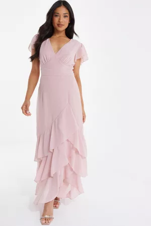Quiz Women's Petite Pink Chiffon Frill Maxi Dress Size 10