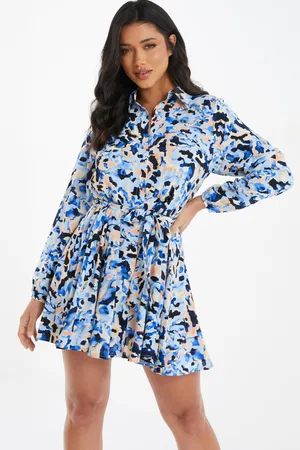 Quiz Women Casual Dresses - Womens Blue Smudge Print Mini Shirt Dress Size 10