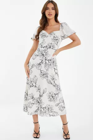 Quiz Women Printed Dresses - Cream Floral Knot Midi Dress