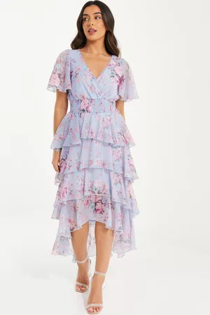 Quiz Women Printed Dresses - Petite Blue Chiffon Floral Dip Hem Tiered Midi Dress