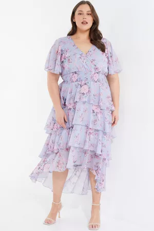 Quiz Women Printed Dresses - Curve Blue Chiffon Floral Dip Hem Tiered Midi Dress