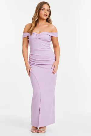 Quiz Petite Lilac Ruched Bardot Maxi Dress