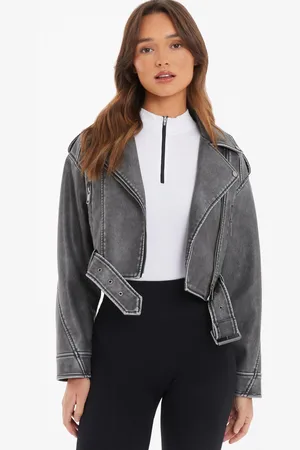 Quiz Charcoal Faux Leather Oversized Biker Jacket