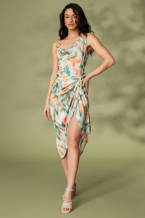Quiz Multicoloured Satin Marble Print Ruched Midi Dress