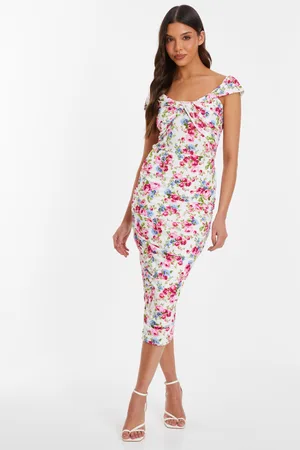 Quiz Cream Floral Bardot Midi Dress