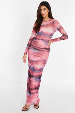 Quiz Pink Marble Mesh Ruched Maxi Dress