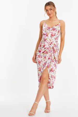 Quiz Cream Floral Satin Ruched Midi Dress