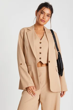 Quiz Camel Pinstripe Ruched Sleeve Blazer