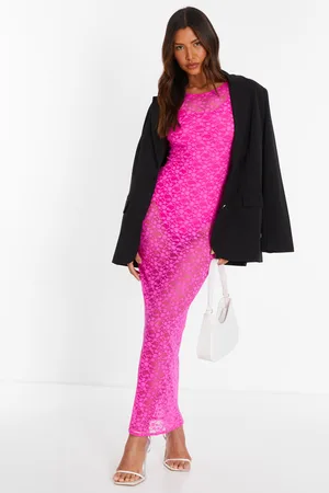Quiz Pink Lace Mesh Midaxi Dress