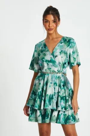 Quiz Green Marble Print Tiered Skater Dress